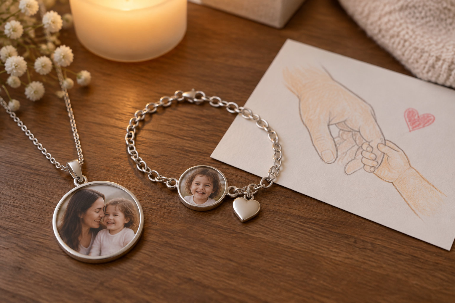 Un collier et un bracelet en argent ornés de pendentifs avec des photos d’une femme et d’un enfant sont posés près d’un dessin de mains qui se tiennent, d’une bougie et de fleurs blanches.