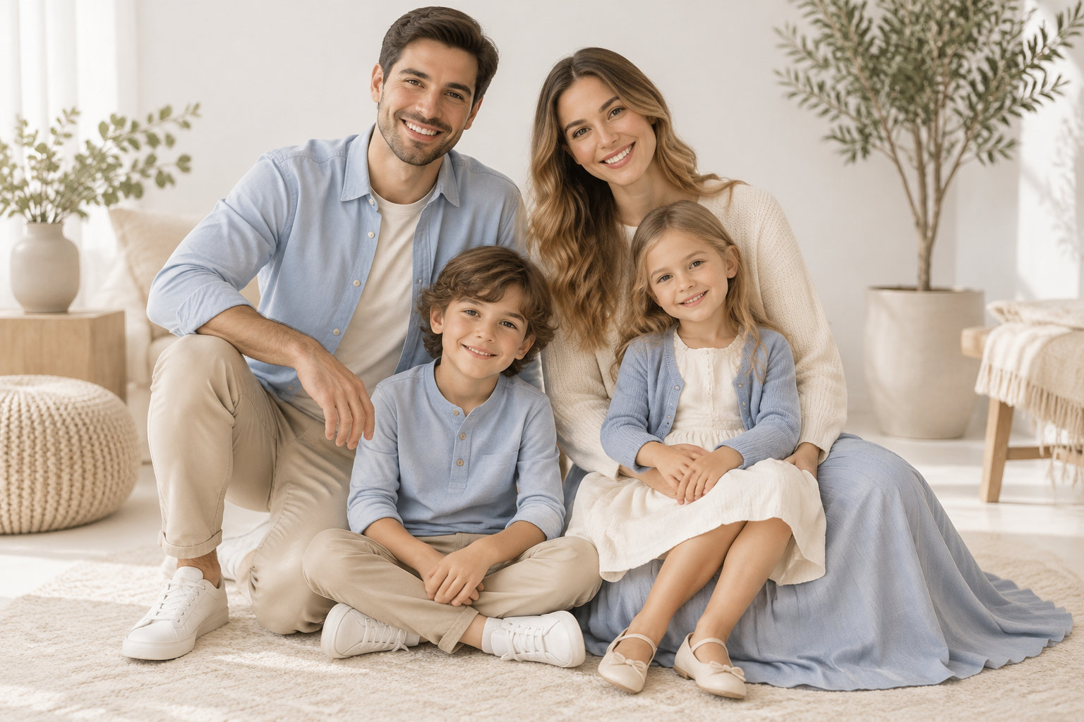 Un couple et ses deux enfants sourient à l’objectif dans un salon lumineux.
