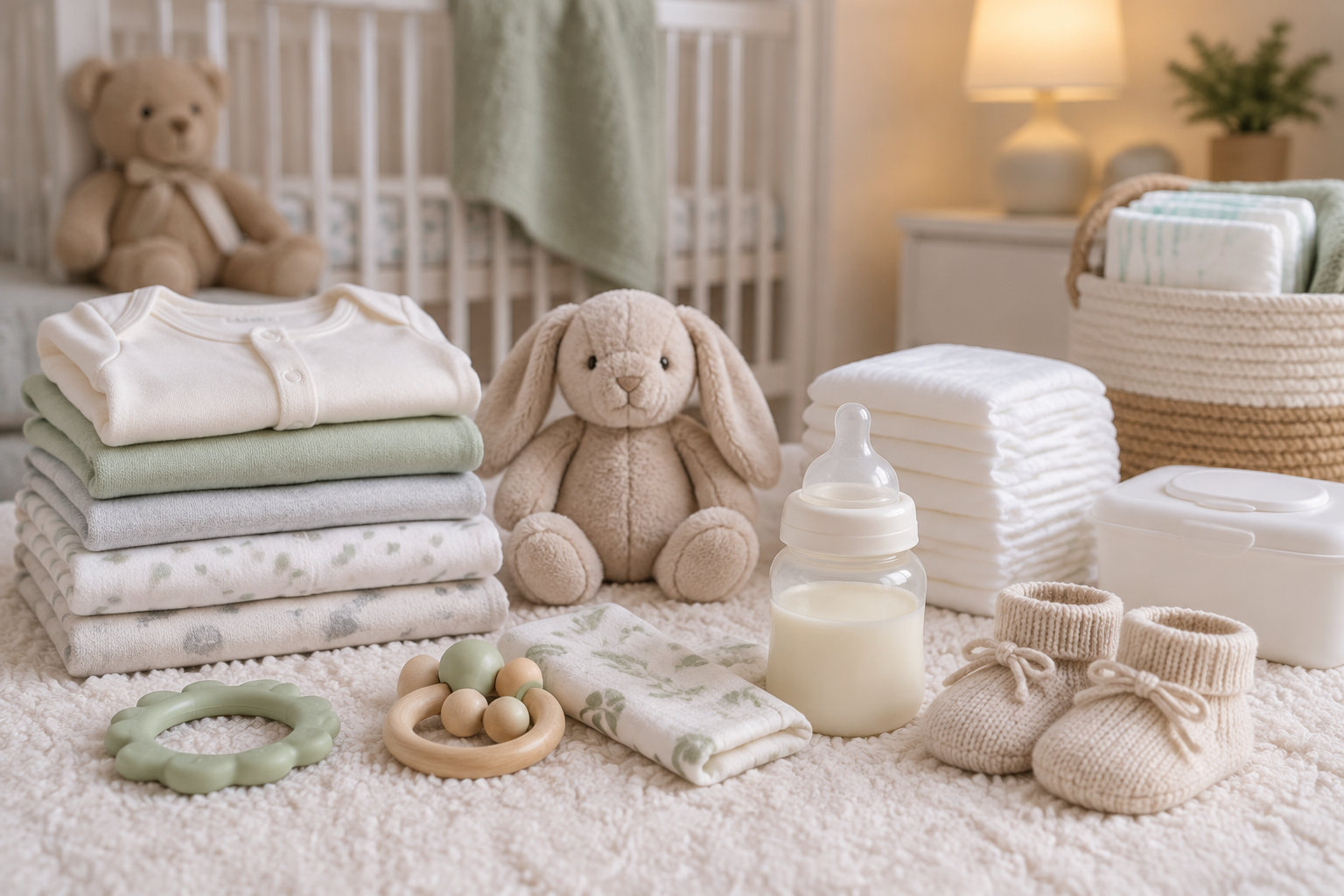 Des vêtements pliés, des couches, un biberon, des chaussons, des jouets et des peluches sont disposés dans une chambre de bébé.