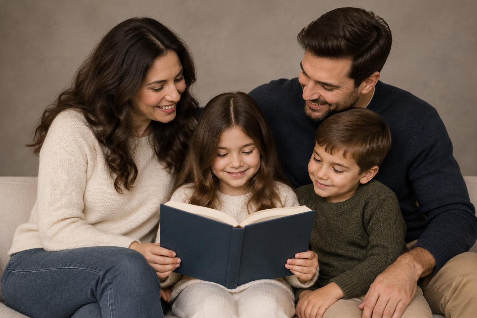 Une famille de deux adultes et deux enfants sourit en regardant un livre ouvert sur un canapé.