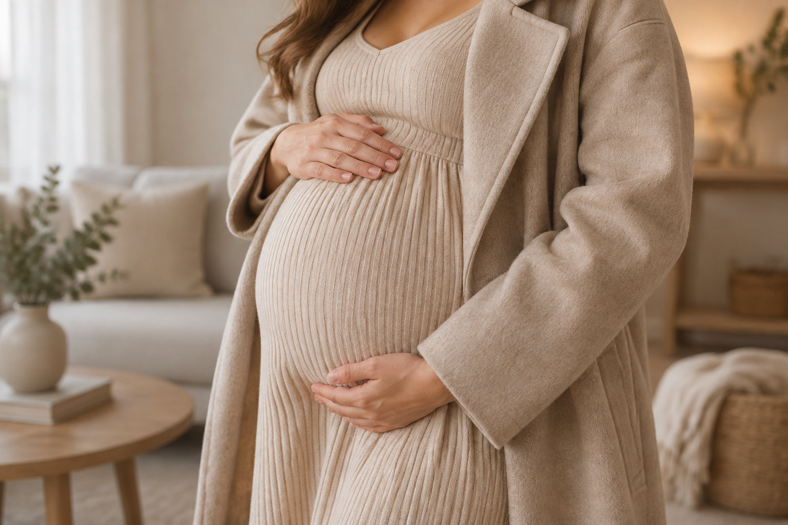 Une femme enceinte vêtue d’une robe en maille et d’un manteau beiges pose les mains sur son ventre dans un salon.