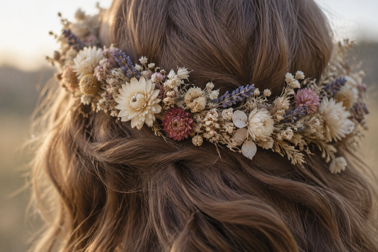 Gros plan sur une chevelure brune ornée d’une couronne de fleurs séchées aux tons crème, mauves et roses.