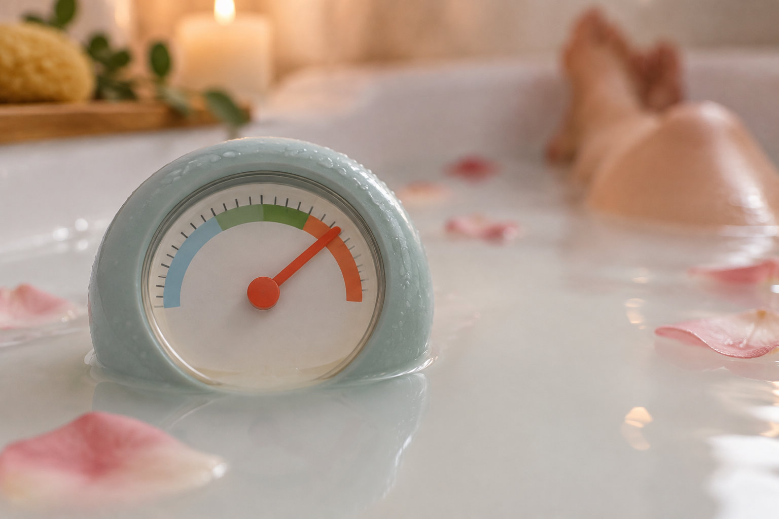 Un thermomètre à cadran posé au bord d’un bain moussant, avec une personne allongée dans la baignoire en arrière-plan.