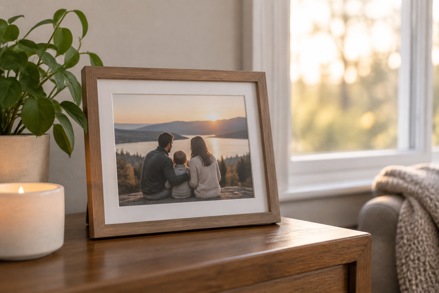 Un cadre photo posé sur une table en bois montre une famille assise face à un lac au coucher du soleil, près d’une plante et d’une bougie, devant une fenêtre.