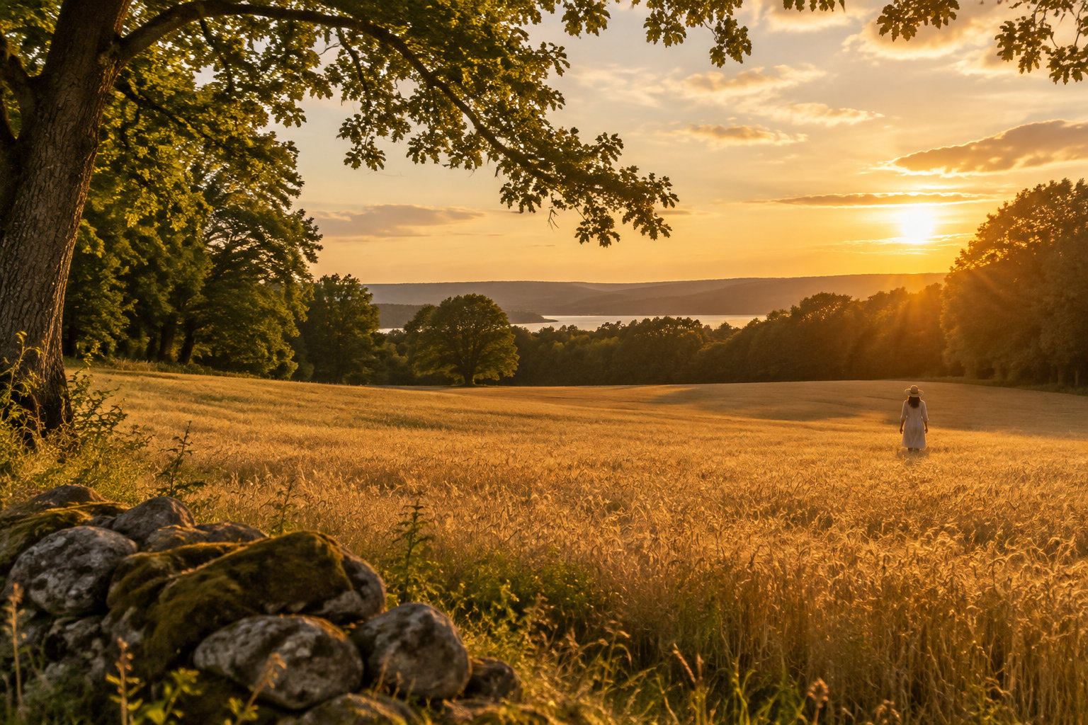 Une personne portant une robe claire et un chapeau marche dans un champ doré au coucher du soleil, près d’un muret de pierres et sous des arbres.