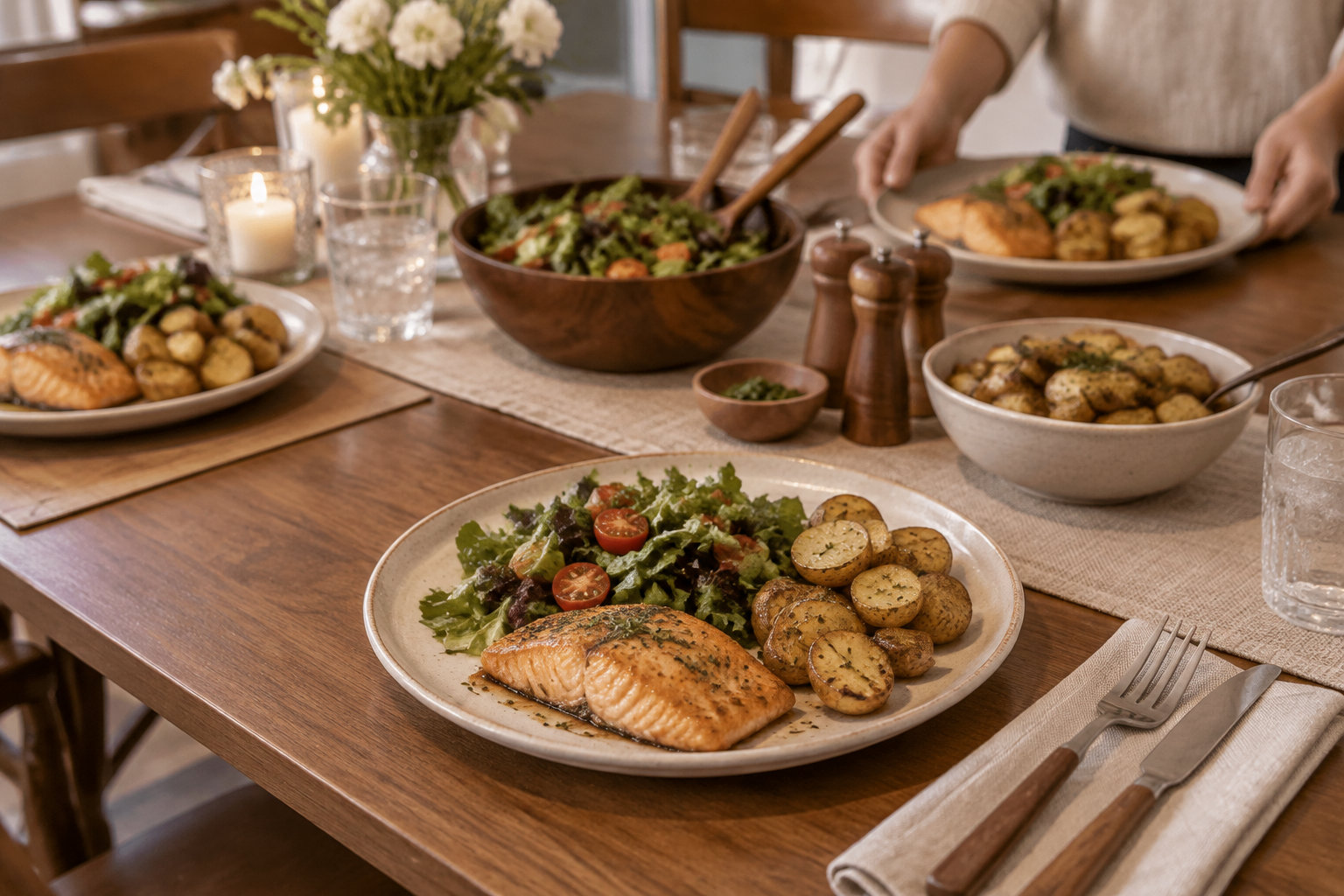 Un repas est servi sur une table en bois, avec du saumon, des pommes de terre et de la salade, entourés de plats à partager, de verres et de fleurs.