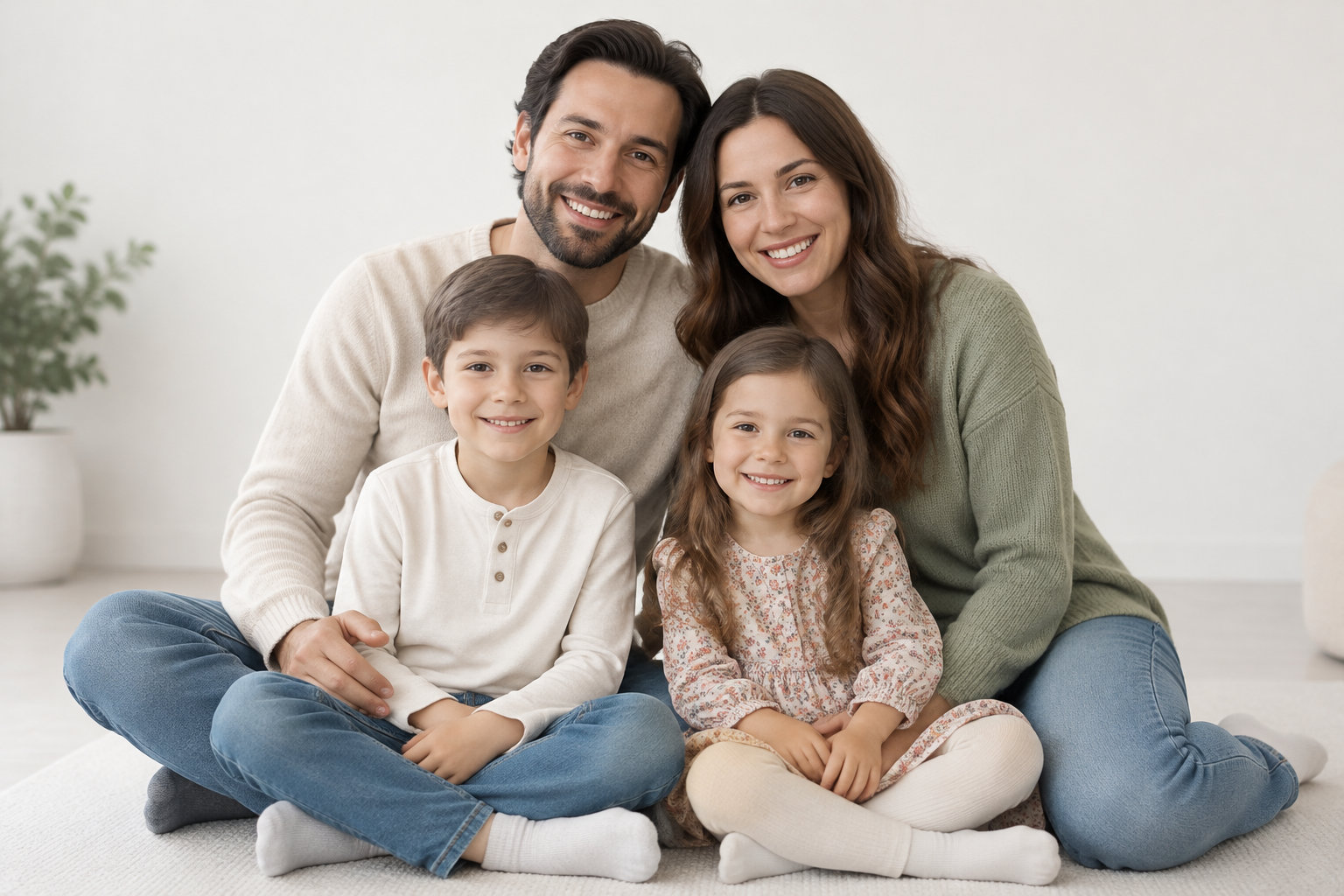 Une famille de quatre personnes, deux adultes et deux enfants, est assise en souriant sur un tapis dans une pièce lumineuse.