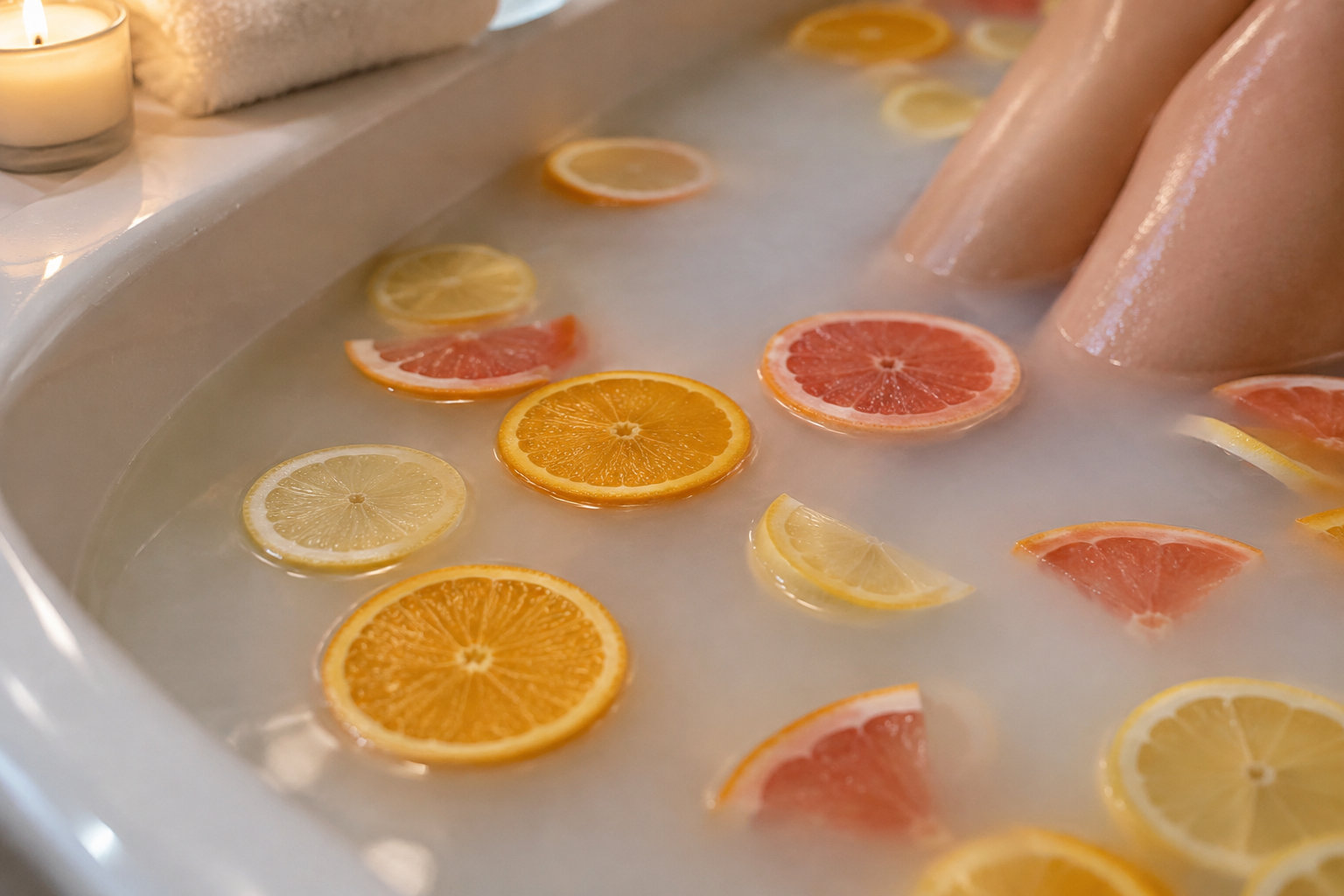 Des jambes plongent dans un bain blanc parsemé de rondelles d’agrumes, avec une bougie allumée posée au bord.