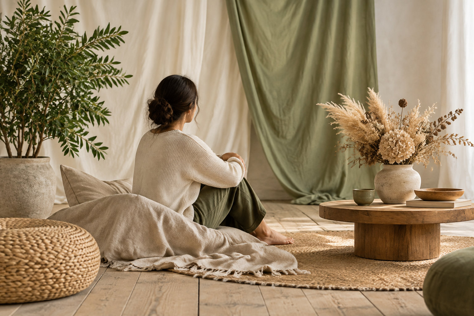 Une femme assise sur un coussin, de dos, se détend dans un salon décoré de plantes, de tissus et de tons naturels.