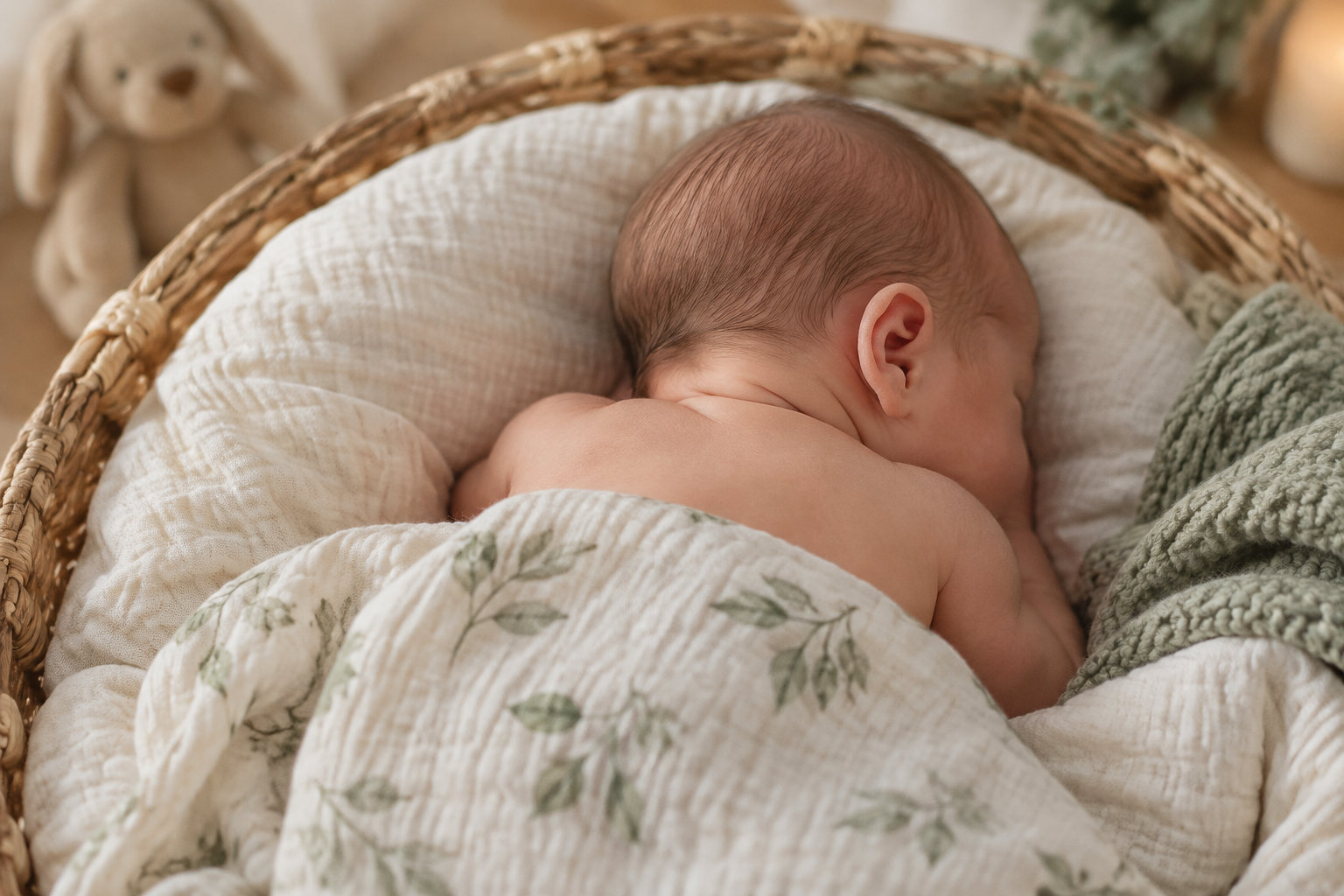 Un nouveau-né dort sur le ventre dans un couffin en osier, sous une couverture à motifs végétaux.