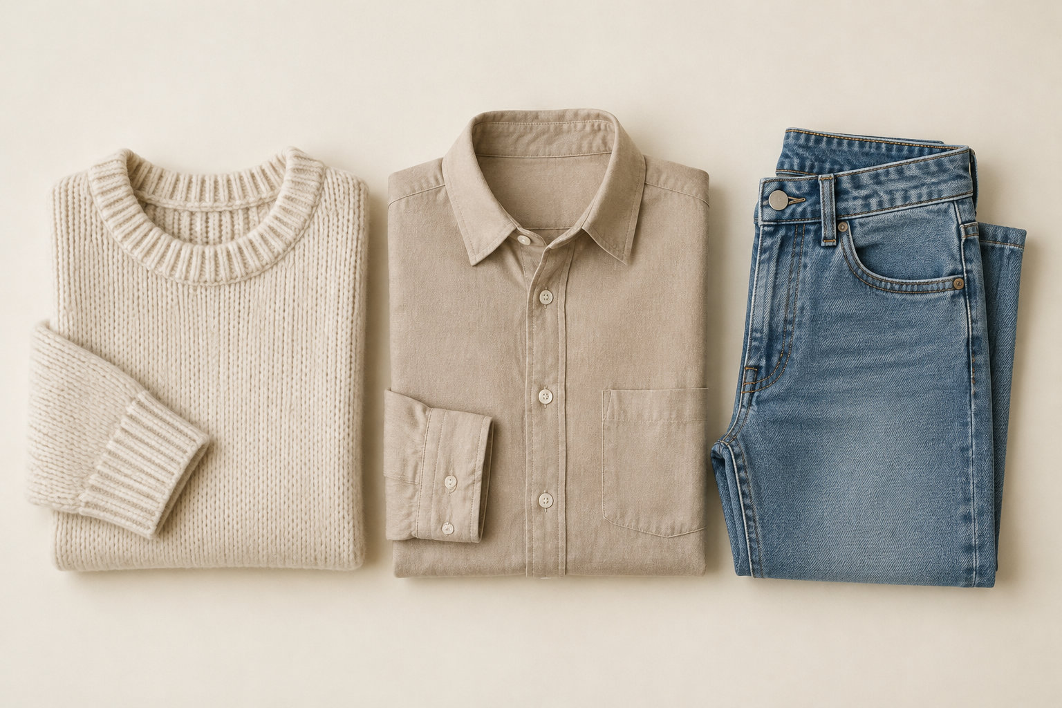 Un pull en maille écru, une chemise beige et un jean bleu sont disposés côte à côte sur un fond clair.
