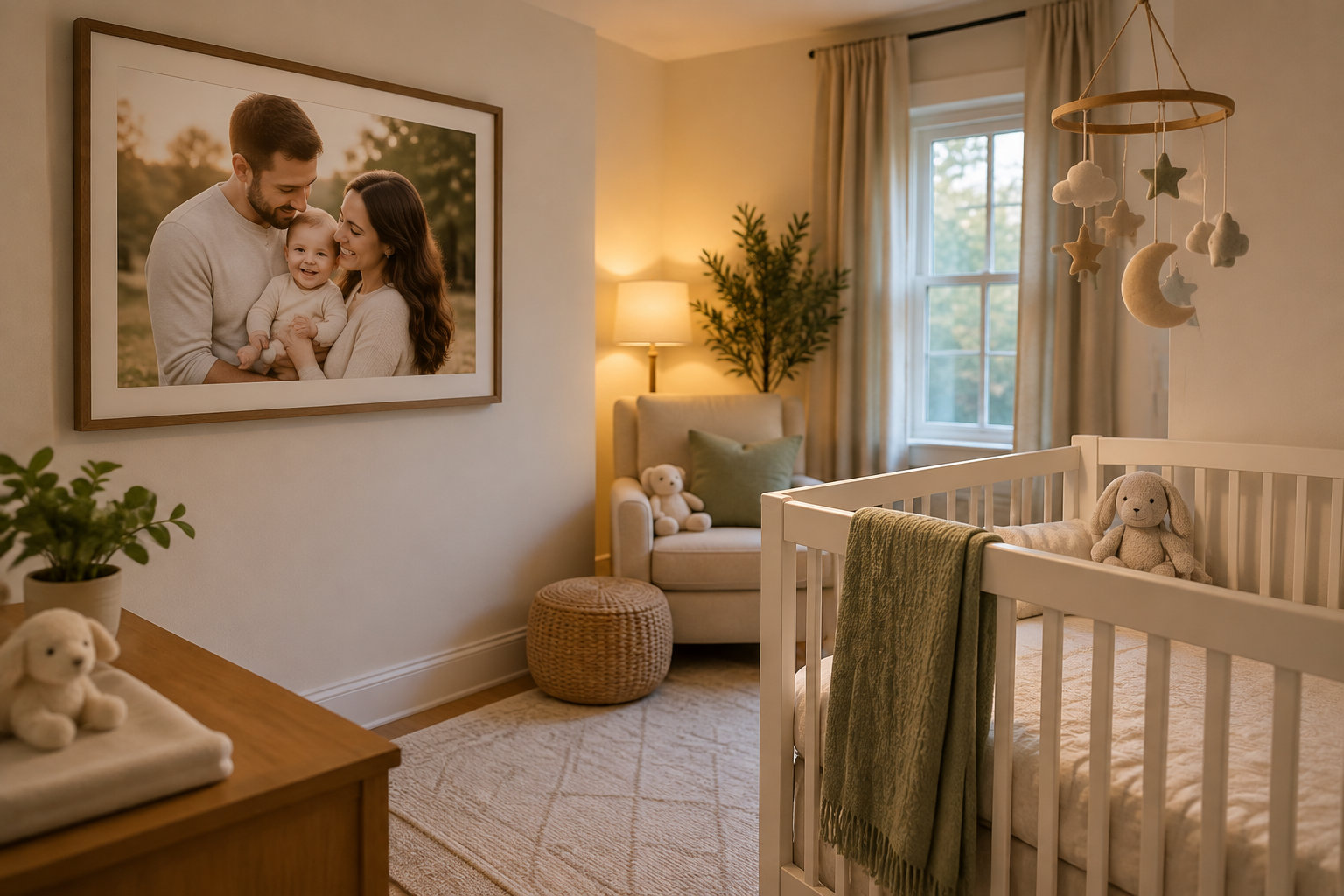 Une chambre de bébé chaleureuse avec un berceau, des peluches, un mobile suspendu et une grande photo de famille encadrée au mur.