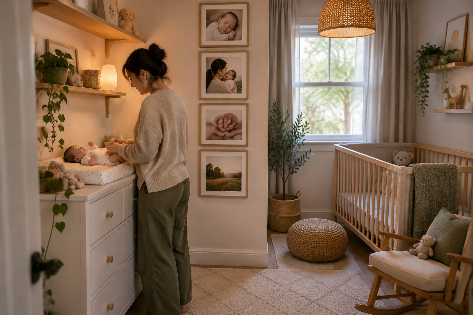 Une femme s’occupe d’un bébé allongé sur une table à langer dans une chambre de bébé chaleureusement éclairée.