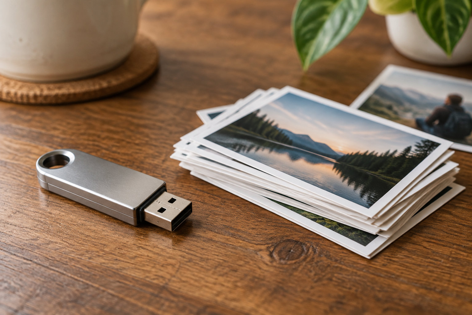 Une clé USB métallique est posée à côté d’une pile de photographies de paysages sur une table en bois, avec des plantes en arrière-plan.