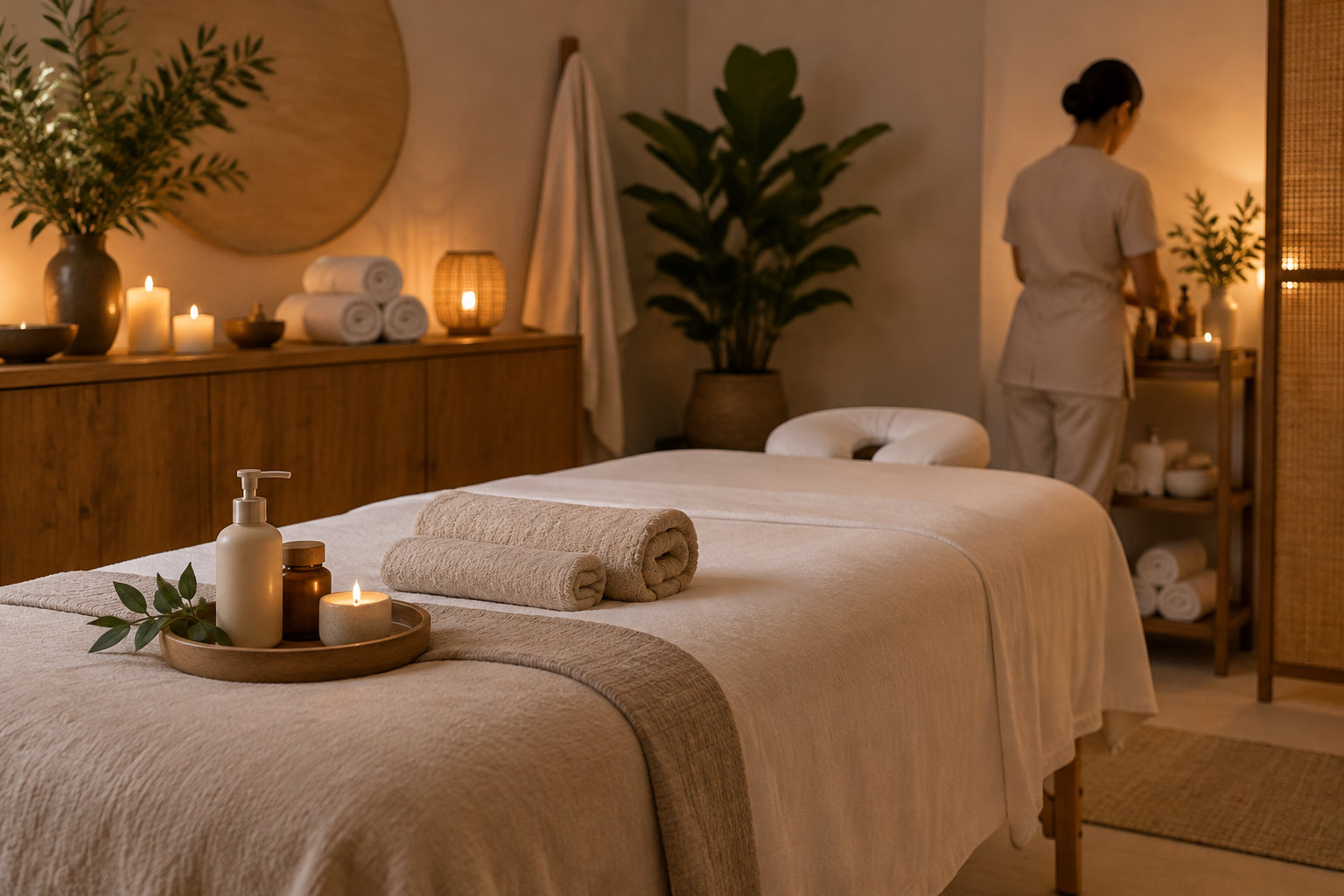 Une personne en tenue claire prépare une table de massage dans une pièce éclairée par des bougies, avec des serviettes roulées et des plantes.