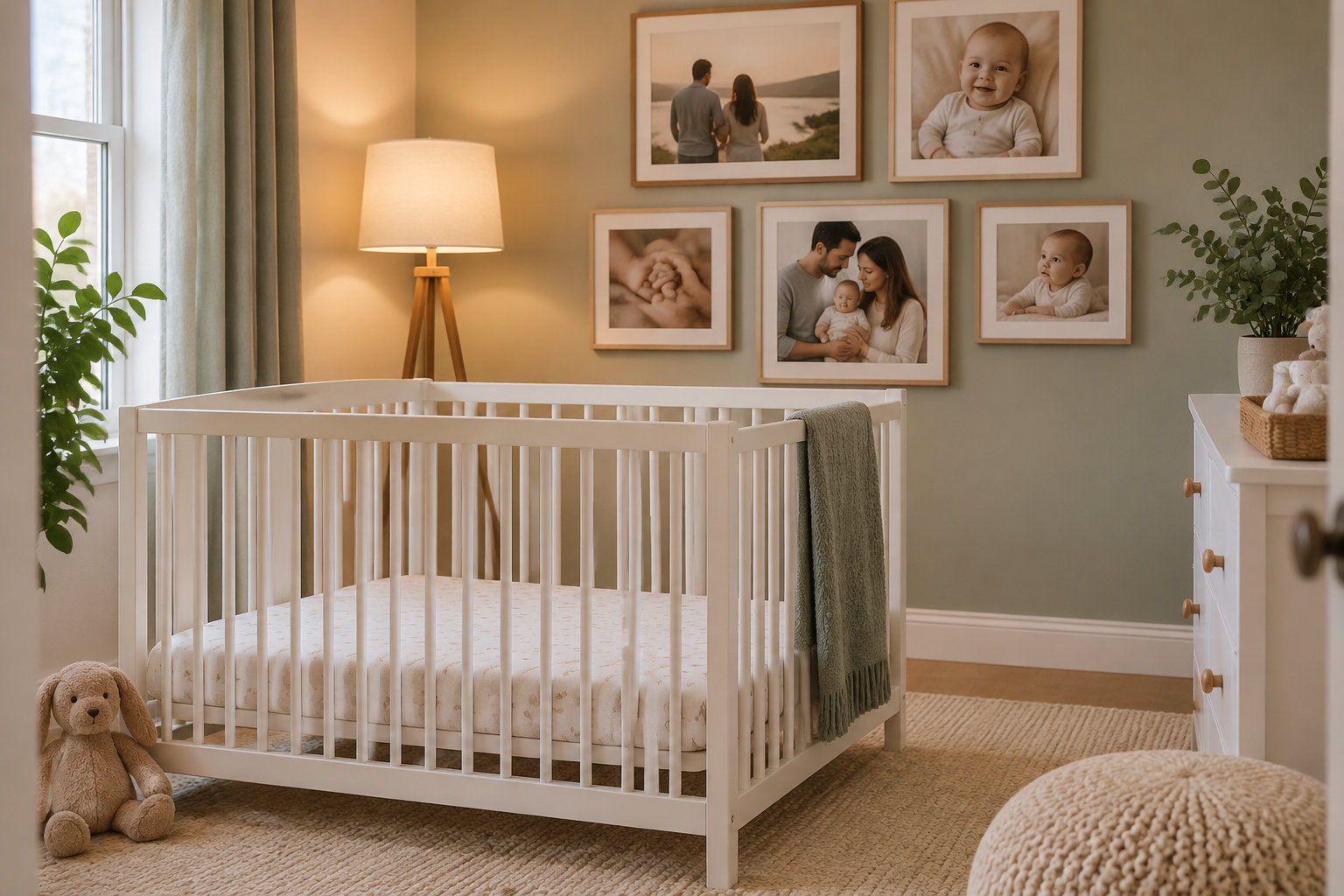 Une chambre de bébé aux tons doux avec un lit à barreaux, des peluches, une commode et des photos de famille encadrées au mur.