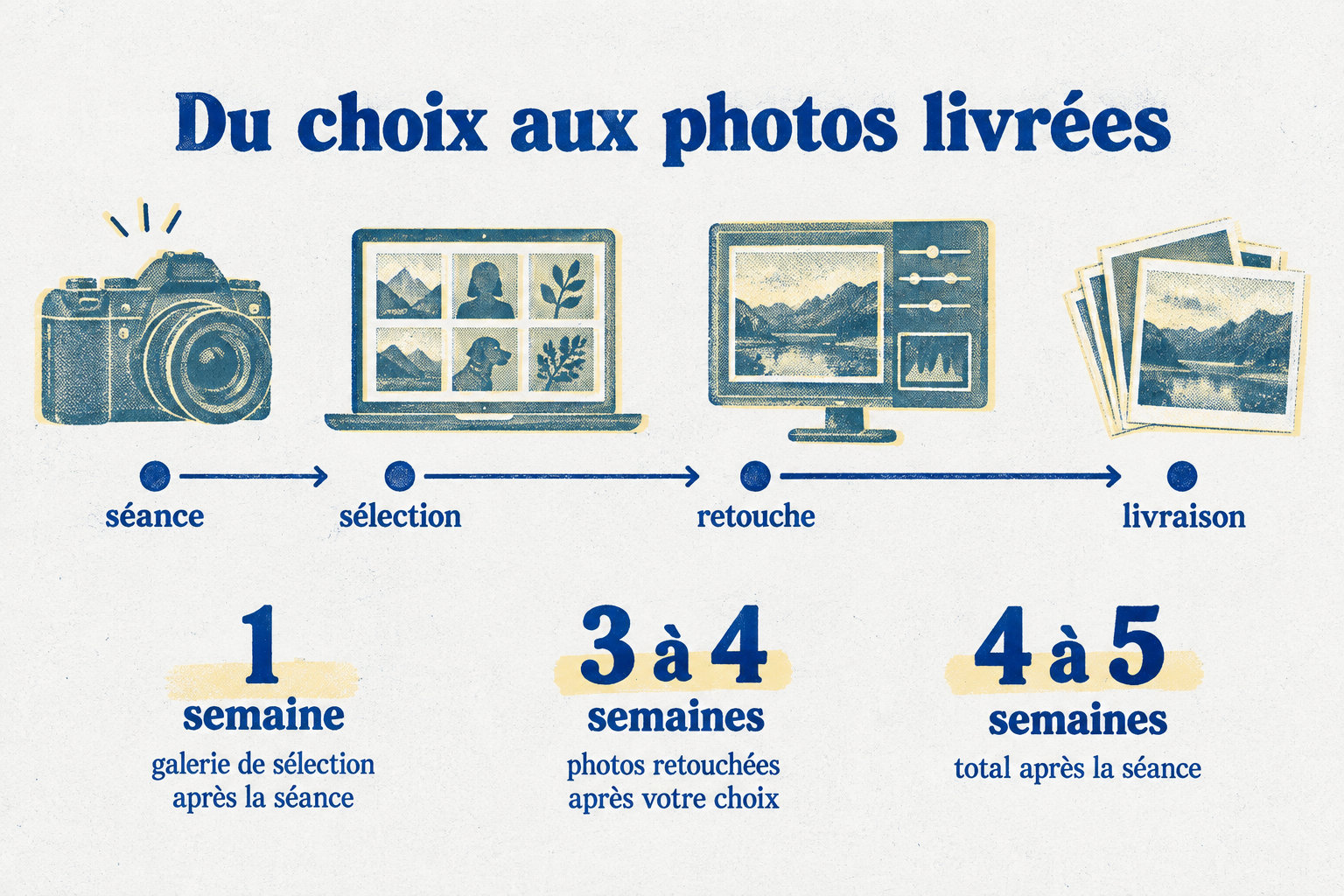 La galerie de sélection arrive environ une semaine après la séance ; après le choix, les photos retouchées demandent 3 à 4 semaines, soit 4 à 5 semaines au total depuis la séance.