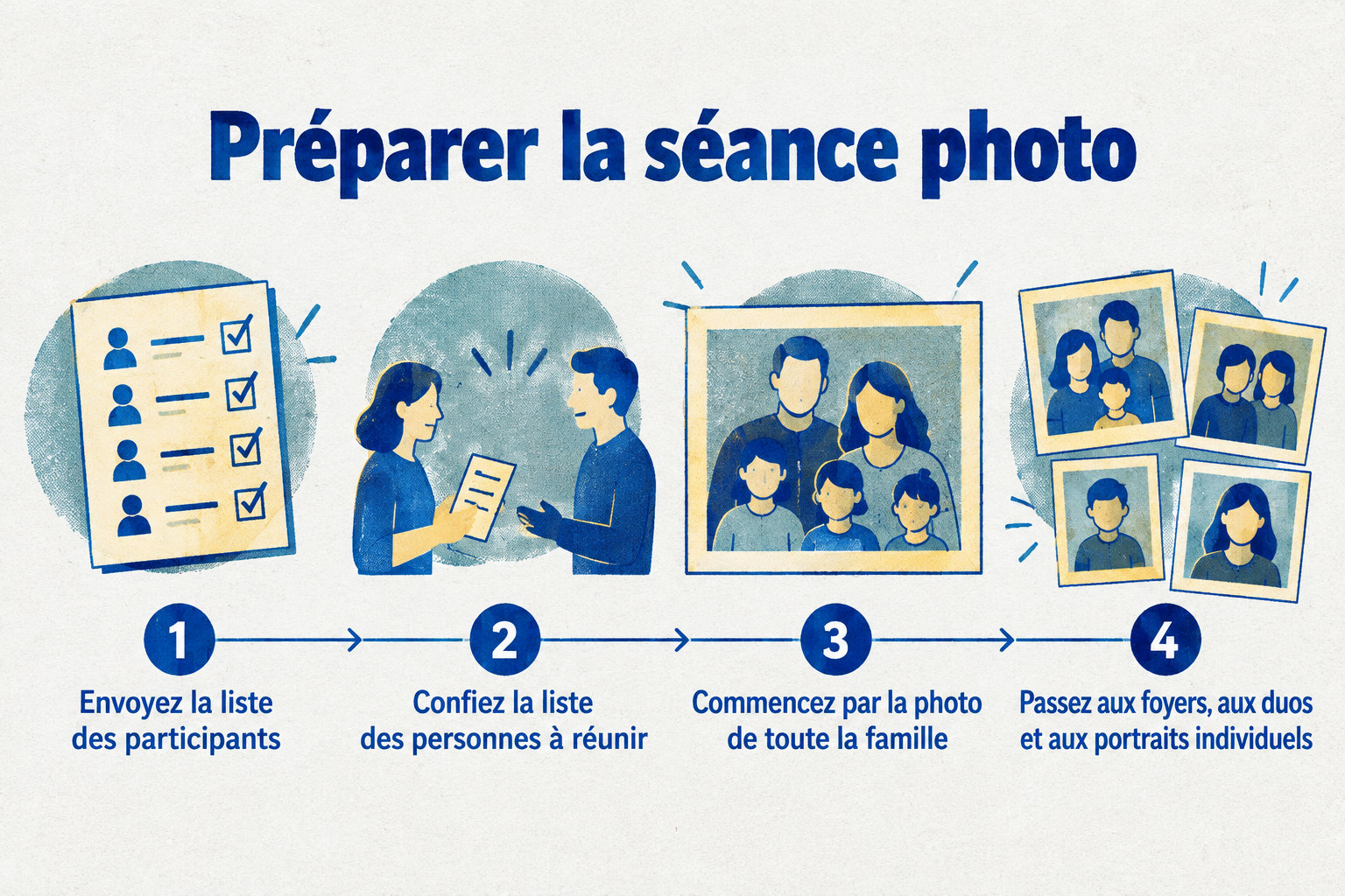 Quatre étapes pour préparer la séance : envoyer la liste des participants, confier le rassemblement à un proche, commencer par la photo de famille, puis photographier foyers, duos et portraits individuels.
