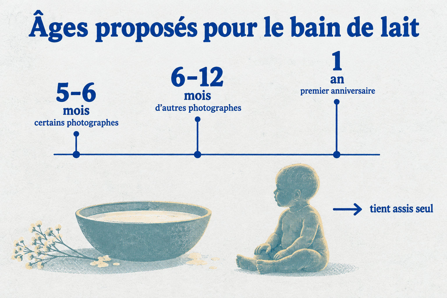 Les photographes proposent le bain de lait entre 5 et 6 mois, entre 6 et 12 mois ou autour du premier anniversaire ; la séance assise nécessite que bébé tienne assis seul.