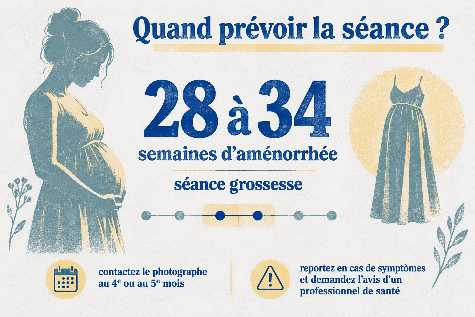 La séance grossesse est à prévoir entre 28 et 34 semaines d’aménorrhée ; prenez contact au 4ᵉ ou au 5ᵉ mois et reportez en cas de symptômes.