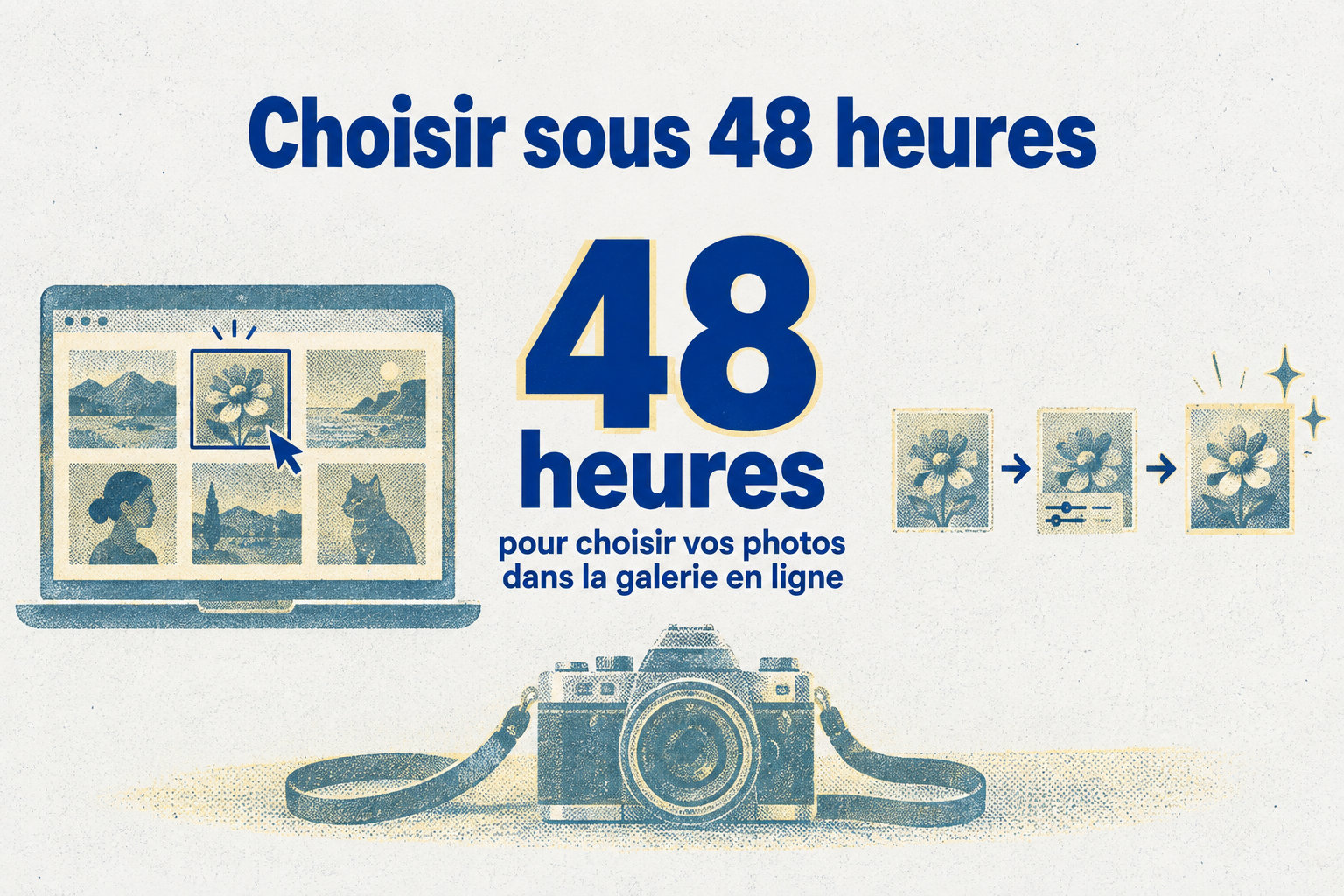 La galerie en ligne laisse 48 heures pour choisir les photos ; la retouche commence après cette sélection.