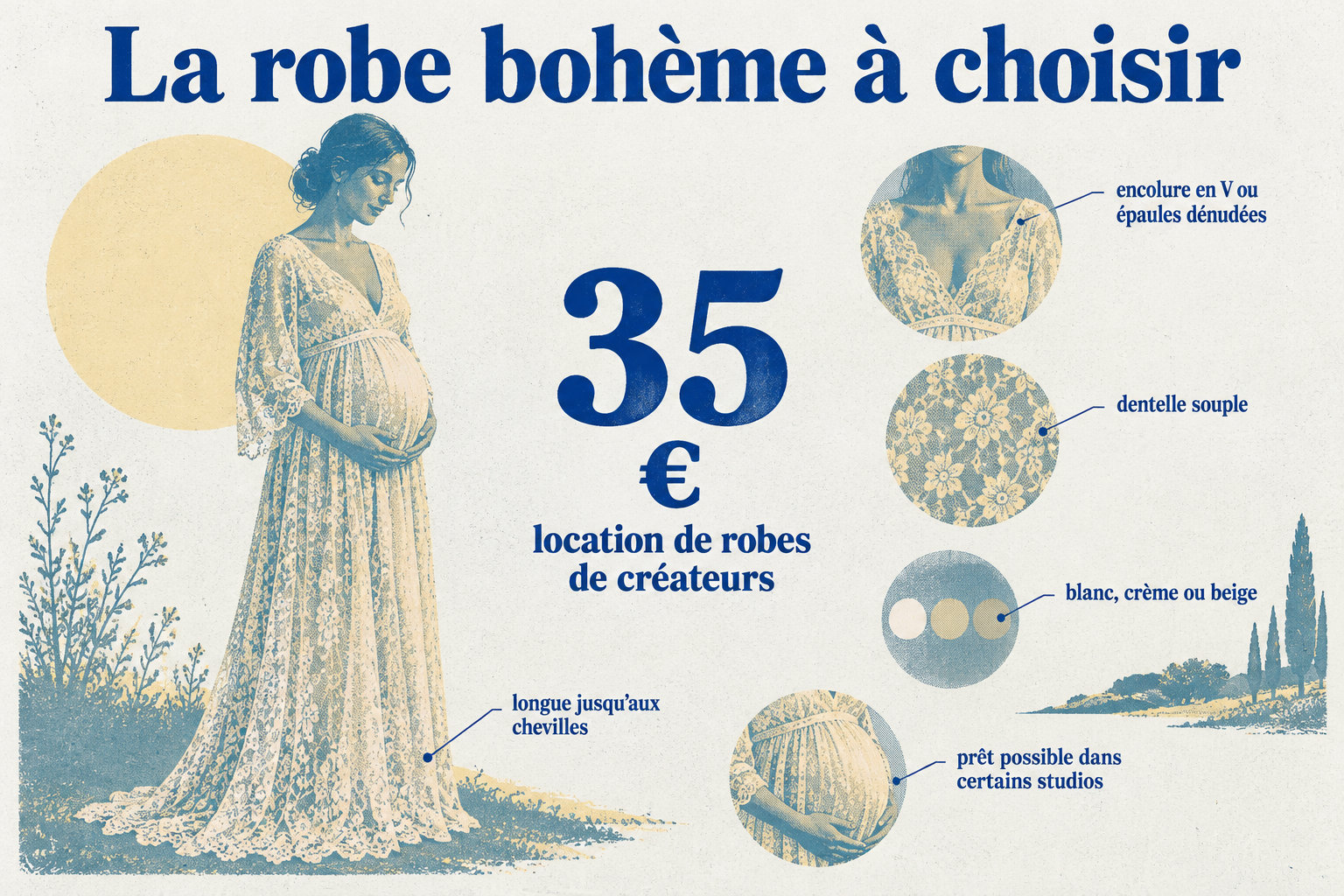 La location de robes de créateurs coûte 35 € ; privilégiez une robe longue en dentelle souple, claire, et vérifiez si un prêt est possible.