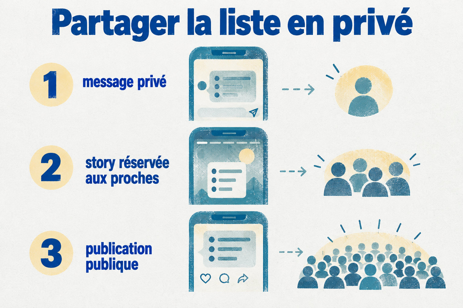 Un message privé ou une story réservée aux proches cible un groupe choisi, tandis qu’une publication publique peut toucher un public plus large.