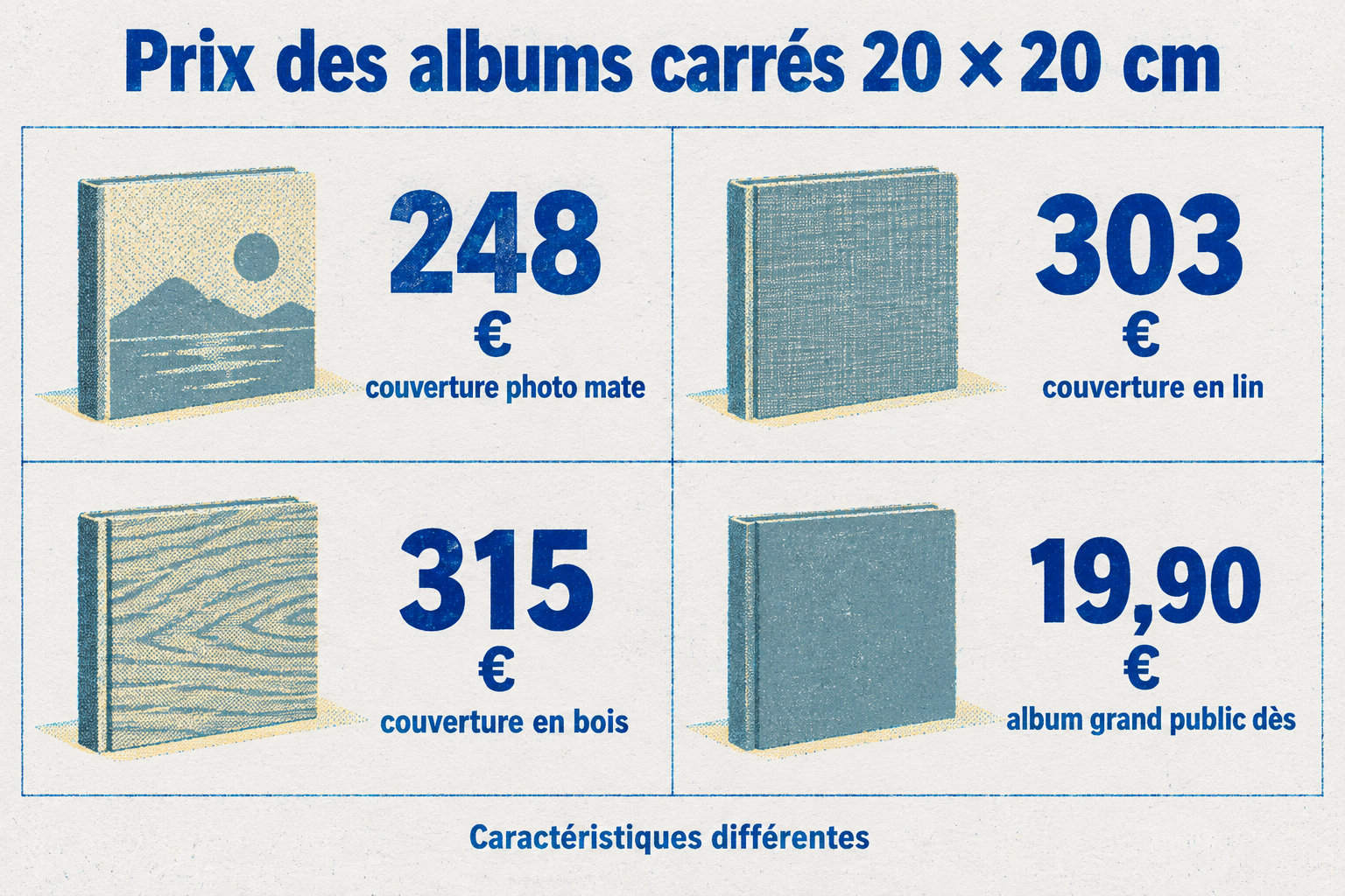 Les albums carrés 20 × 20 cm affichés vont de 19,90 € pour un album grand public à 315 € pour un album professionnel à couverture en bois; les caractéristiques diffèrent.