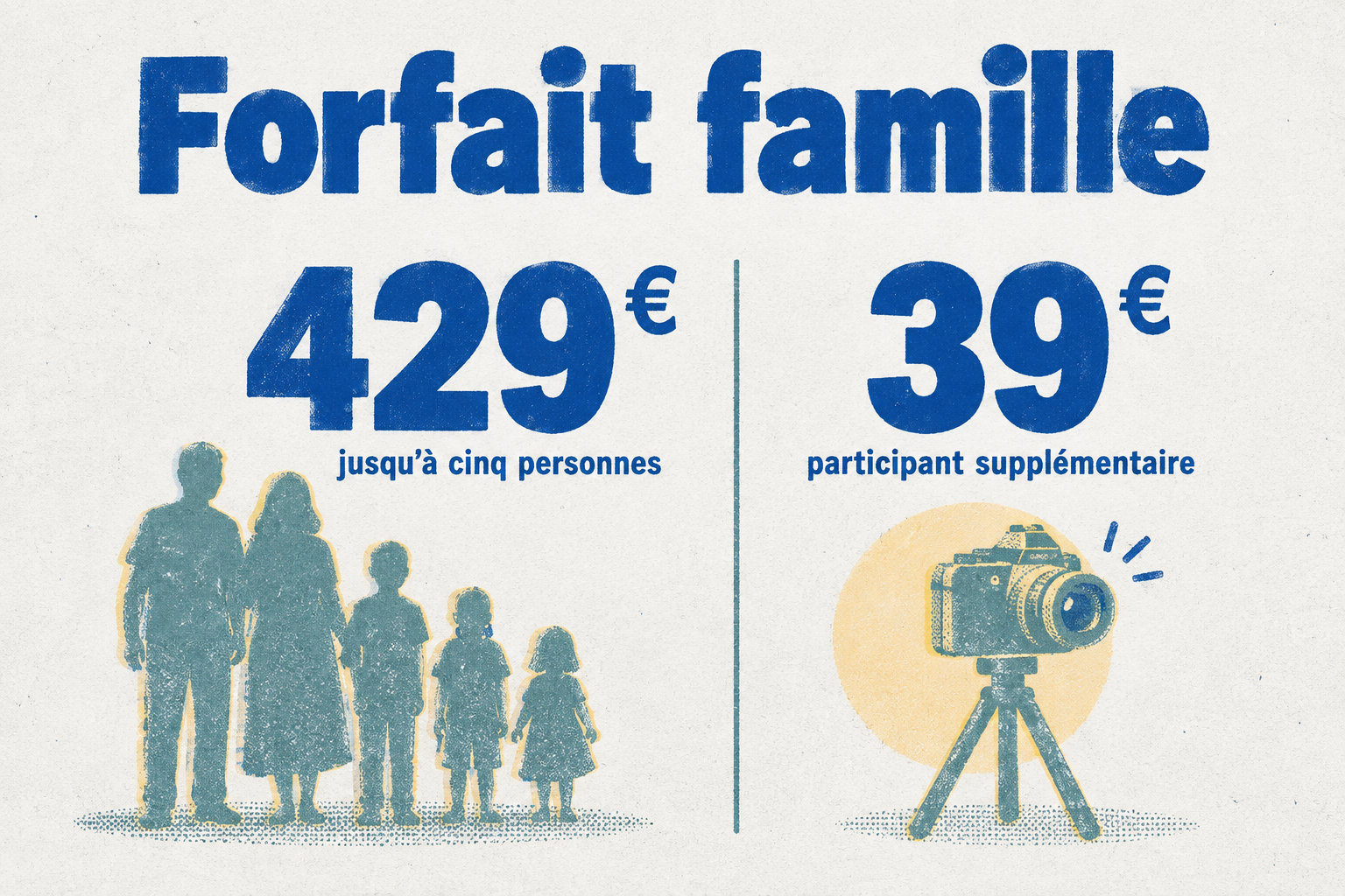 Le forfait famille coûte 429 € jusqu’à cinq personnes, puis chaque participant supplémentaire coûte 39 €.
