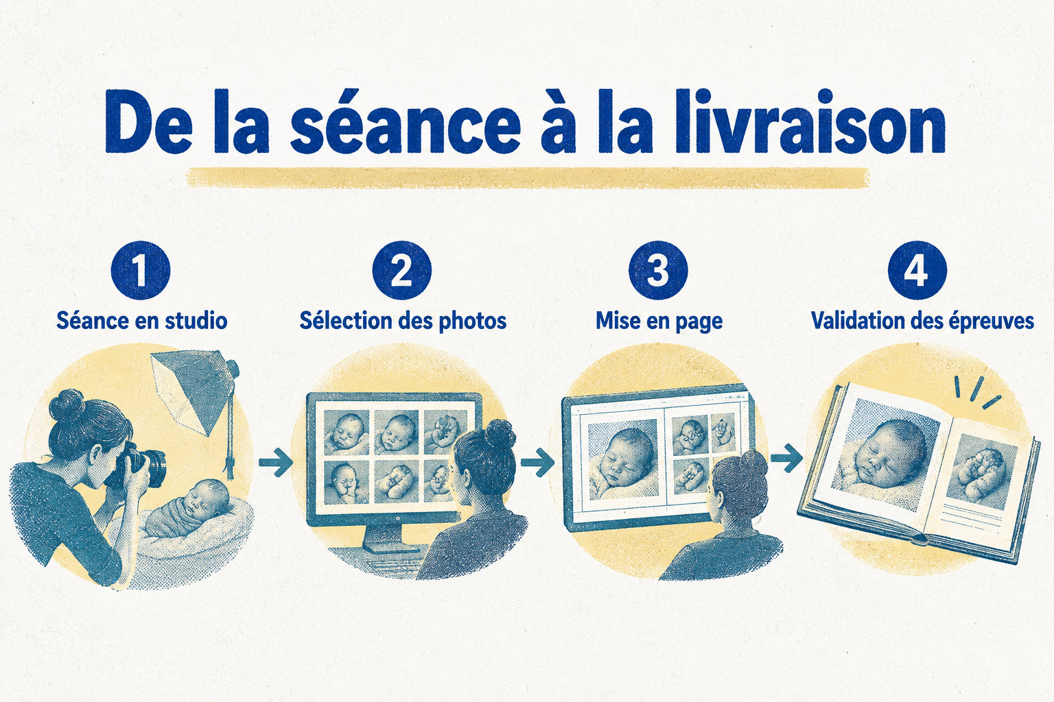 Le parcours illustré commence par la séance en studio, puis passe par la sélection des photos, la mise en page et la validation des épreuves.