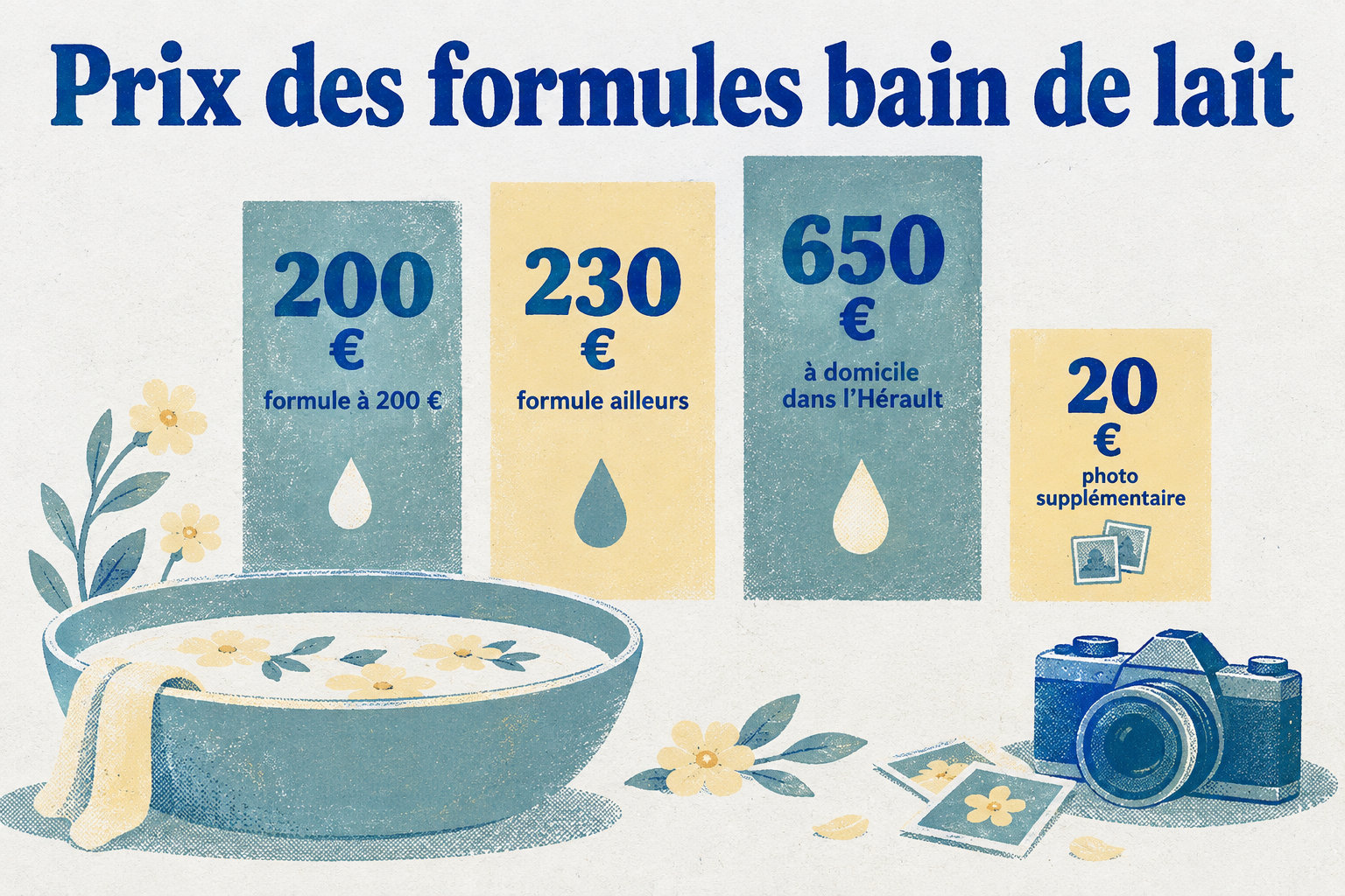 Les formules bain de lait affichées commencent à 200 €, 230 € ou 650 € à domicile dans l’Hérault ; une photo supplémentaire coûte 20 €.