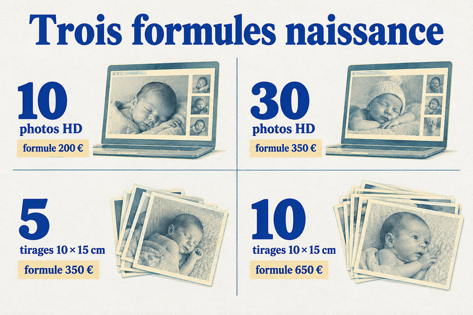 Les formules comprennent 10 photos HD à 200 €, ou 30 photos HD et 5 tirages à 350 € ; celle à 650 € inclut 10 tirages.