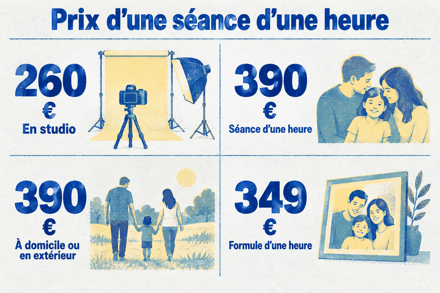 Quatre offres d’une heure sont affichées : 260 € en studio, 390 € pour une séance, 390 € à domicile ou en extérieur, et 349 € pour une formule d’une heure.