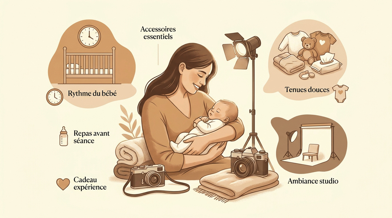 Bébé d'un an souriant lors de sa séance photo en studio avec des accessoires doux