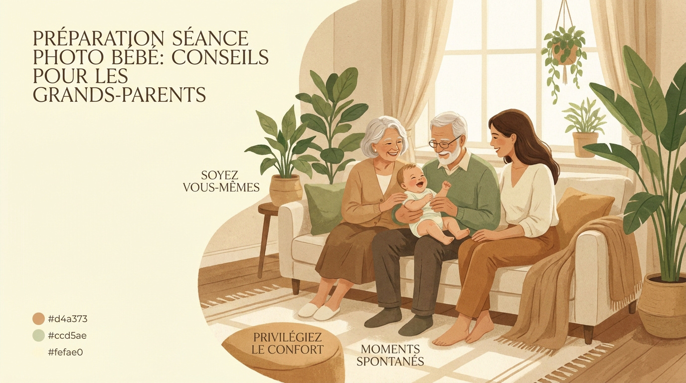 Grands-parents souriants tenant un nouveau-né lors d'une séance photo lifestyle en studio