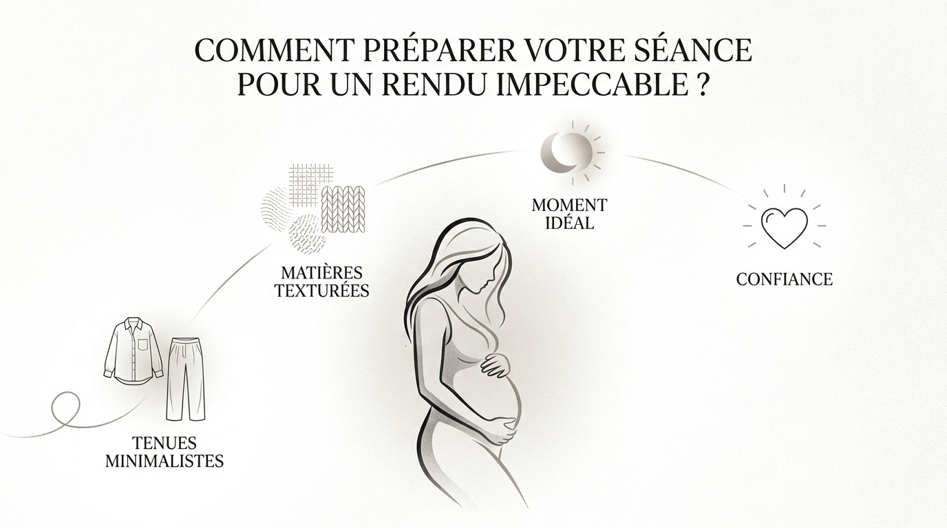 Préparation pour une séance photo de grossesse en studio avec tenues minimalistes
